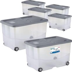 Sicignano | Contenitore Trasparente Storage Box Vasco con Coperchio Doppia Apertura ? Multiuso Salvaspazio per Giocattoli Abiti Libri, Impilabile, Capacità 57 L (Stone Grey, 6, unità)