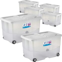 Sicignano | Contenitore Trasparente Storage Box Vasco con Coperchio Doppia Apertura – Multiuso Salvaspazio per Giocattoli Abiti Libri, Impilabile, Capacità 57 L (Bianco, 6, unità)