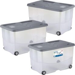 Sicignano | Contenitore Trasparente Storage Box Vasco con Coperchio Doppia Apertura ? Multiuso Salvaspazio per Giocattoli Abiti Libri, Impilabile, Capacità 57 L (Stone Grey, 3, unità)