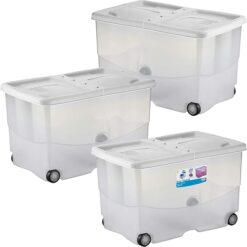 Sicignano | Contenitore Trasparente Storage Box Vasco con Coperchio Doppia Apertura ? Multiuso Salvaspazio per Giocattoli Abiti Libri, Impilabile, Capacità 57 L (Bianco, 3, unità)