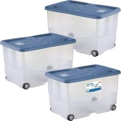 Sicignano | Contenitore Trasparente Storage Box Vasco con Coperchio Doppia Apertura ? Multiuso Salvaspazio per Giocattoli Abiti Libri, Impilabile, Capacità 57 L (Palace Blu, 3, unità)