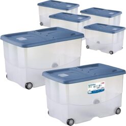 Sicignano | Contenitore Trasparente Storage Box Vasco con Coperchio Doppia Apertura – Multiuso Salvaspazio per Giocattoli Abiti Libri, Impilabile, Capacità 57 L (Palace Blu, 6, unità)