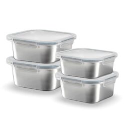 Sicignano MAXI SET 4 PEZZI Contenitori Alimenti Acciaio Inox Quadrati (2x 600ml + 2x 1450ml), Multipack 2 Lunch Box Completi, Adatti a Microonde, Forno e Freezer