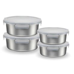 Sicignano MAXI SET 4 PEZZI Contenitori Alimenti Acciaio Inox Tondi (2x 650ml + 2x 1500ml), Multipack 2 Lunch Box Completi, Adatti a Microonde, Forno e Freezer