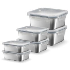 Sicignano MAXI SET 6 PEZZI Contenitori Alimenti Acciaio Inox (2x420ml + 2x800ml + 2x1600ml), Kit 2 Lunch Box Completi Rettangolari Ermetici, Adatti a Microonde, Forno e Freezer