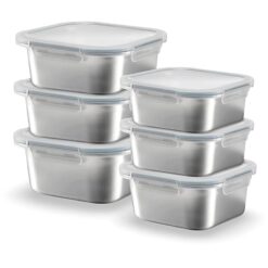 Sicignano MAXI SET 6 PEZZI Contenitori Alimenti Acciaio Inox Quadrati (3x 600ml + 3x 1450ml), Multipack 3 Lunch Box Completi, Scorta Famiglia Salvaspazio