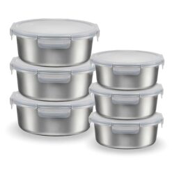 Sicignano MAXI SET 6 PEZZI Contenitori Alimenti Acciaio Inox Tondi (3x 650ml + 3x 1500ml), Multipack 3 Lunch Box Completi, Scorta Famiglia Salvaspazio