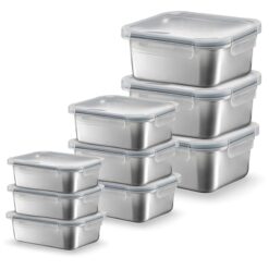 Sicignano MAXI SET 9 PEZZI Contenitori Alimenti Acciaio Inox (3x420ml + 3x800ml + 3x1600ml), Kit 3 Lunch Box Completi Rettangolari Ermetici, Adatti a Microonde, Forno e Freezer
