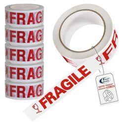 Sicignano | Nastro Adesivo Imballaggi con Scritta FRAGILE – 48 mm x 50 m, Bianco con Scritta Rossa, Confezione 6 Rotoli per Spedizioni e Pacchi