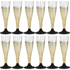 Sicignano | Set 12 Calici Flute in Plastica Trasparente con Piedini Colore Nero 10cl ? Bicchieri Lavabili Ideali per Feste Brindisi Celebrazioni ? Perfetti per Champagne Prosecco Cocktail