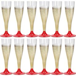 Sicignano | Set 12 Calici Flute in Plastica Trasparente con Piedini Colore Rosso 10cl ? Bicchieri Lavabili Ideali per Feste Brindisi Celebrazioni ? Perfetti per Champagne Prosecco Cocktail