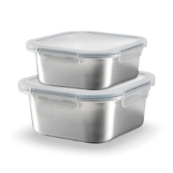 Sicignano Set 2 Contenitori Alimenti Acciaio Inox Quadrati (600ml + 1450ml), Kit Lunch Box Salvaspazio Impilabile Ermetico, Adatto a Microonde, Forno e Freezer