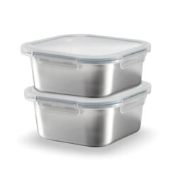 Sicignano Set 2 Contenitori Alimenti Acciaio Inox Quadrati ml.1450, Lunch Box Ermetici con Coperchio, Porta Pranzo per Ufficio e Scuola, Adatti a Microonde, Forno, Frigo e Freezer