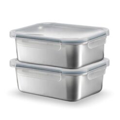 Sicignano Set 2 Contenitori Alimenti Acciaio Inox Rettangolari ml.420, Lunch Box Ermetici con Coperchio, Porta Pranzo per Ufficio e Scuola, Adatti a Microonde, Forno, Frigo e Freezer