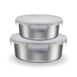 Sicignano Set 2 Contenitori Alimenti Acciaio Inox Tondi (650ml + 1500ml), Kit Lunch Box Salvaspazio Impilabile Ermetico, Adatto a Microonde, Forno e Freezer