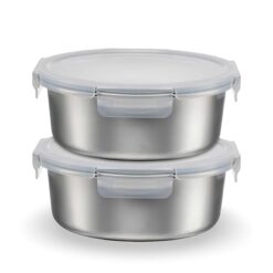 Sicignano Set 2 Contenitori Alimenti Acciaio Inox Tondi ml.650, Lunch Box Ermetici con Coperchio, Porta Pranzo per Ufficio e Scuola, Adatti a Microonde, Forno, Frigo e Freezer