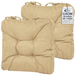 Sicignano | Set 2 Cuscini per Sedie Crema 38x38x8 cm con Lacci, Cuscini Seduta Imbottiti in Poliestere per Cucina e Giardino, Anti-Scivolo