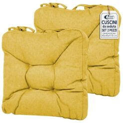 Sicignano | Set 2 Cuscini per Sedie Giallo 38x38x8 cm con Lacci, Cuscini Seduta Imbottiti in Poliestere per Cucina e Giardino, Anti-Scivolo