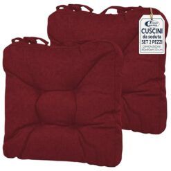 Sicignano | Set 2 Cuscini per Sedie Rosso 38x38x8 cm con Lacci, Cuscini Seduta Imbottiti in Poliestere per Cucina e Giardino, Anti-Scivolo