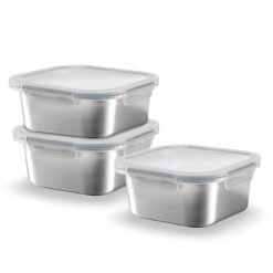 Sicignano Set 3 Contenitori Alimenti Acciaio Inox Quadrati ml.600, Lunch Box Ermetici con Coperchio, Porta Pranzo per Ufficio e Scuola, Adatti a Microonde, Forno, Frigo e Freezer