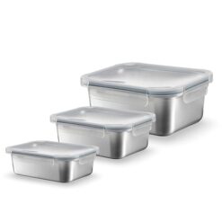 Sicignano Set 3 Contenitori Alimenti Acciaio Inox Rettangolari (420ml + 800ml + 1600ml), Kit Lunch Box Salvaspazio Impilabile Ermetico, Adatto a Microonde, Forno e Freezer