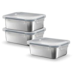 Sicignano Set 3 Contenitori Alimenti Acciaio Inox Rettangolari ml.750, Lunch Box Ermetici con Coperchio, Porta Pranzo per Ufficio e Scuola, Adatti a Microonde, Forno, Frigo e Freezer