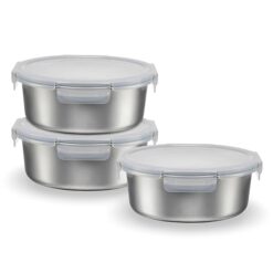 Sicignano Set 3 Contenitori Alimenti Acciaio Inox Tondi ml.1500, Lunch Box Ermetici con Coperchio, Porta Pranzo per Ufficio e Scuola, Adatti a Microonde, Forno, Frigo e Freezer