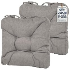 Sicignano | Set 4 Cuscini per Sedie Grigio 38x38x8 cm con Lacci, Cuscini Seduta Imbottiti in Poliestere per Cucina e Giardino, Anti-Scivolo