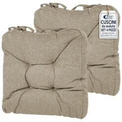 Sicignano | Set 4 Cuscini per Sedie Tortora 38x38x8 cm con Lacci, Cuscini Seduta Imbottiti in Poliestere per Cucina e Giardino, Anti-Scivolo