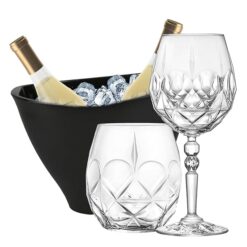 Sicignano | Set 6 Calici CL.53 con 6 Bicchieri CL.38 Alkemist per Vino Acqua Whisky Liquori Cocktail, Cristallo Ecologico, Trasparenti, Resistenti – Omaggio Secchiello Champagne Nero 2 Bottiglie