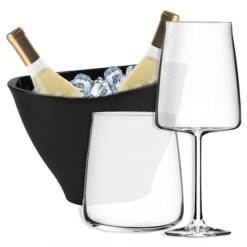 Sicignano | Set 6 Calici CL.65 con 6 Bicchieri CL.42 Essential per Vino Acqua, Cristallo Ecologico, Trasparenti, Resistenti – Omaggio Secchiello Champagne Nero 2 Bottiglie