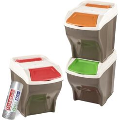 Sicignano | Set Pattumiera Raccolta Differenziata, 27 lt, Plastica, Coperchio Colorato, con Vano Porta Sacchetti - Impilabile, Componibile, Modulare - Omaggio 20 Sacchi Immondizia (3)