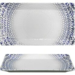 Sicignano | Set Piatto Portata Rettangolare in Porcellana Bianco con Decoro a Rilievo Blu - Lavabile in Lavastoviglie, Adatto a Microonde, Resistente ai Tagli, Made in Italy (26x15, 1 Pezzo)