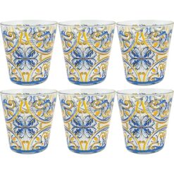 Sicignano | Set di 6 Bicchieri in Vetro, 325ml, Decorazioni Artistiche Vietri, Amalfi e Fish, Lavabili in Lavastoviglie (3, Vietri)