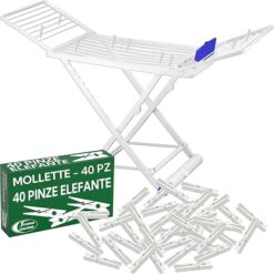 Sicignano | Stendibiancheria Nanni 20 Metri con Portamollette e Ruote ? Struttura Pieghevole Salvaspazio, Solida e Resistente, Dimensioni 115x175x55 cm (Stendino + 40 Mollette)