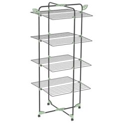 Sicignano | Stendibiancheria Torre a 4 Piani con Portagrucce, Acciaio Verniciato, Verde e Nero, 40m Lunghezza, Pieghevole con Ruote, 68x68x160 cm