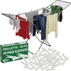 Sicignano | Stendibiancheria da pavimento Jolly, 18 m stenditura, acciaio, con piedi antiscivolo, varianti con mollette e accessori (Stendino + 20 Mollette)