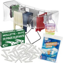 Sicignano | Stendibiancheria da pavimento Jolly, 18 m stenditura, acciaio, con piedi antiscivolo, varianti con mollette e accessori (Stendino + 20 Mollette + Copristendino + Portamollette)