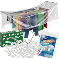 Sicignano | Stendibiancheria da pavimento Jolly, 18 m stenditura, acciaio, con piedi antiscivolo, varianti con mollette e accessori (Stendino + 20 Mollette + Copristendino)