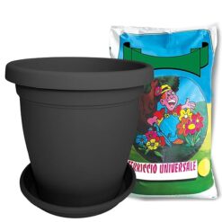Sicignano | Vaso Verona Rotondo con Sottovaso e Terriccio, Plastica Riciclabile, Fori di Drenaggio, Moderno Classico, Interni Esterni, per Piante Fiori Giardino (Antracite, 60 cm)
