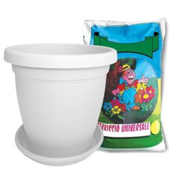 Sicignano | Vaso Verona Rotondo con Sottovaso e Terriccio, Plastica Riciclabile, Fori di Drenaggio, Moderno Classico, Interni Esterni, per Piante Fiori Giardino (Bianco, 60 cm)