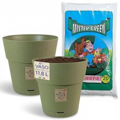 Sicignano | Vaso da Giardino in Plastica Riciclata, Modello Ethica Set Completo con Terriccio, Perfetto per Interni ed Esterni, Made in Italy (Verde Oliva, Ø 20 cm, 1 Vaso)
